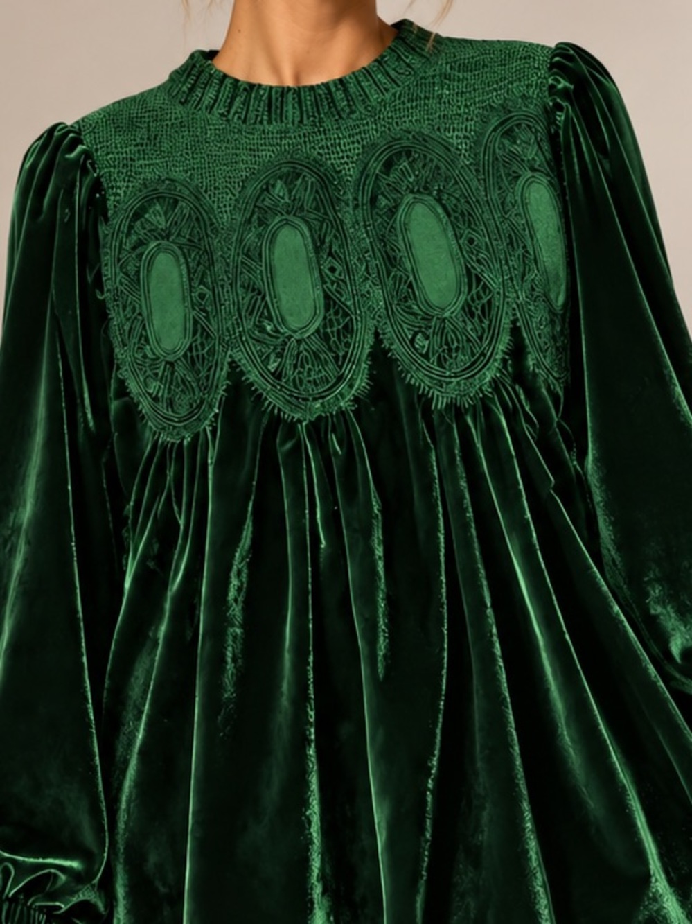 Emerald Green Velvet Lace Babydoll Mini Dress Puff Sleeve Holiday Party S NWT - Picture 2 of 4